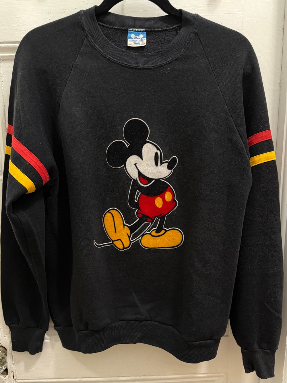Vintage Mickey Mouse crewneck sweatshirt w/ velvet graphic, red & yellow stripes